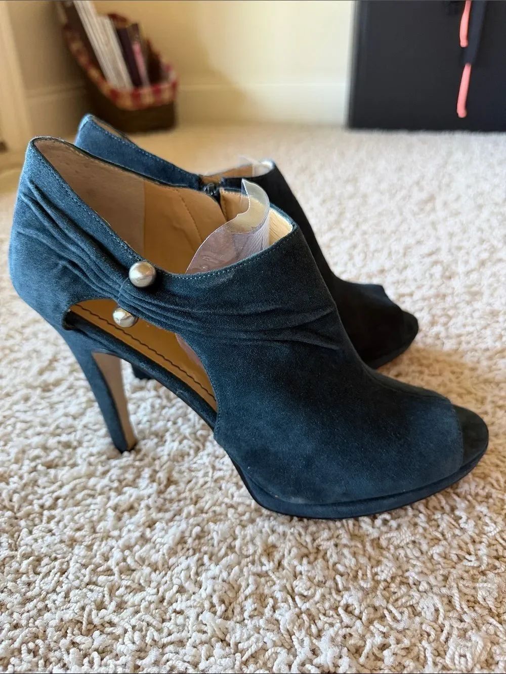 Nine West Black Suede Peep-Toe High-Heel Booties with Pearl Button